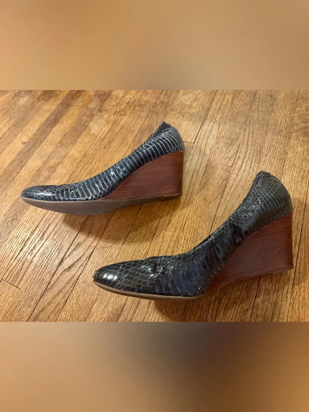 Tory Burch Dark Navy Snake-Embossed Leather Wedges